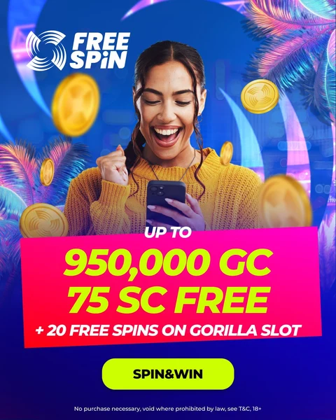 Free Spin Casino Wyoming promo banner — 950,000 GC and 75 SC free welcome offer