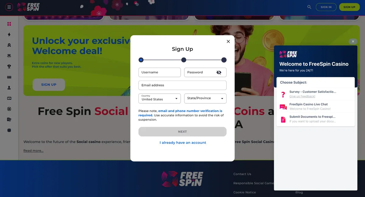 Free Spin Casino registration form for Wyoming players showing state selection dropdown